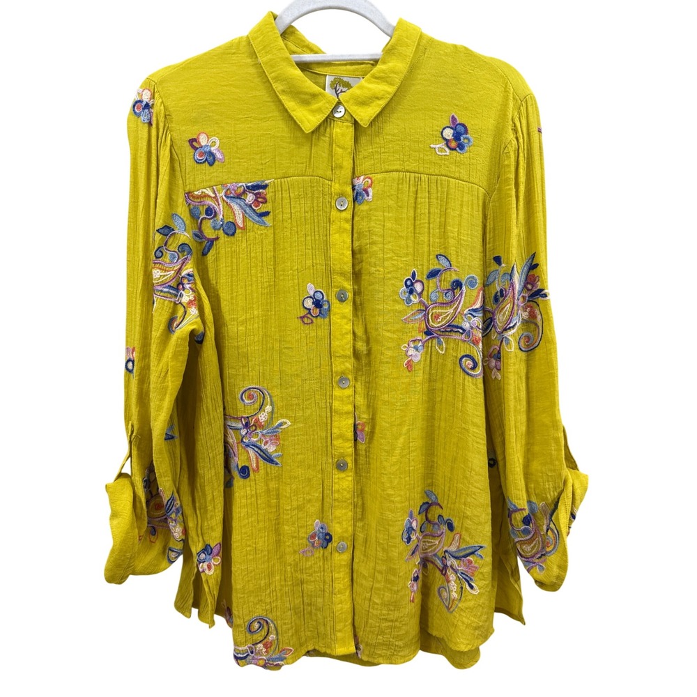 Fig and Flower Mustard Yellow Embroidered Paisley Roll Tab Button Down Shirt XL